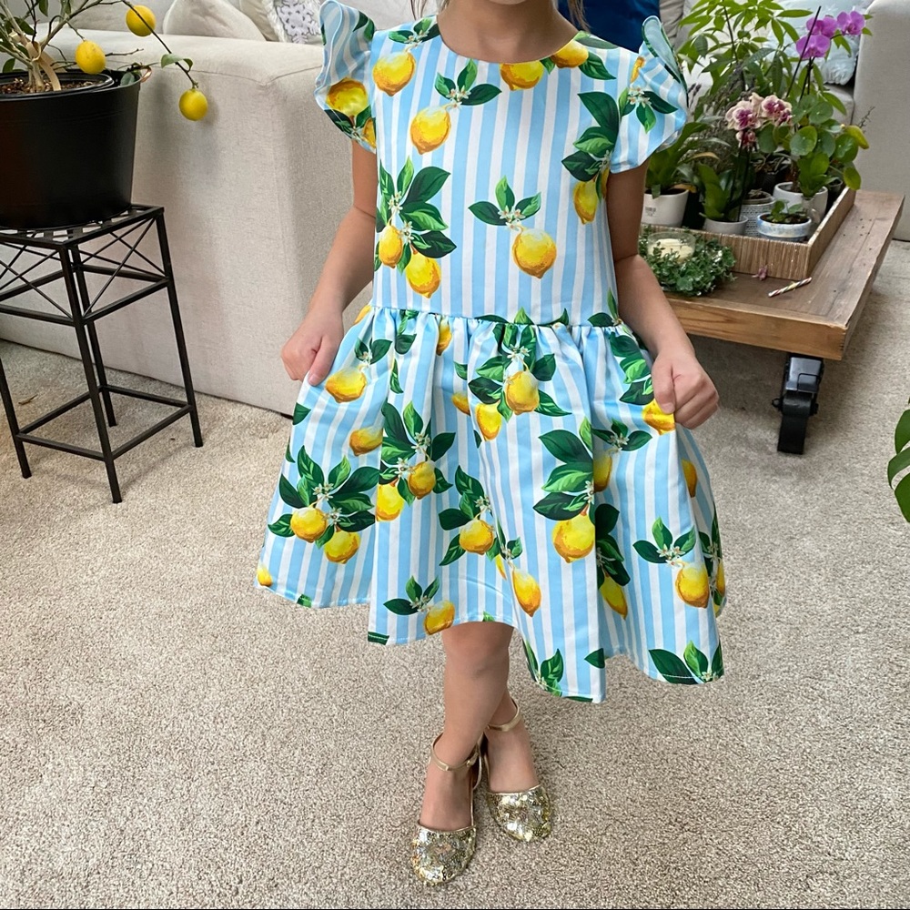 Halabaloo Girls Formal Lemon Dress with Blue Stripes - Size 4